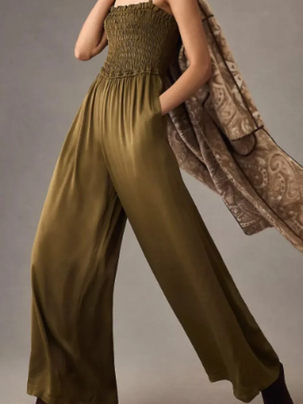 Olive Green Wide Leg Jumpsuit with Side Pockets - Picture 5 of 7